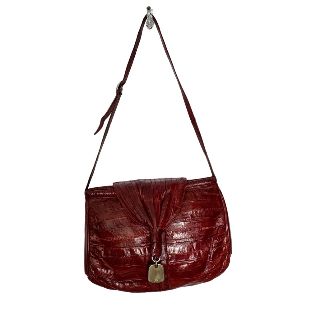 Vintage 80s Eel Skin Leather Suede Red Shoulder Bag Gold Key‎ Accent Crossbody